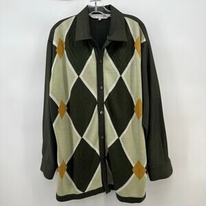 Vintage Silversilk Luxe Olive Button Shirt Knitted Diamond Pattern Men’s Large